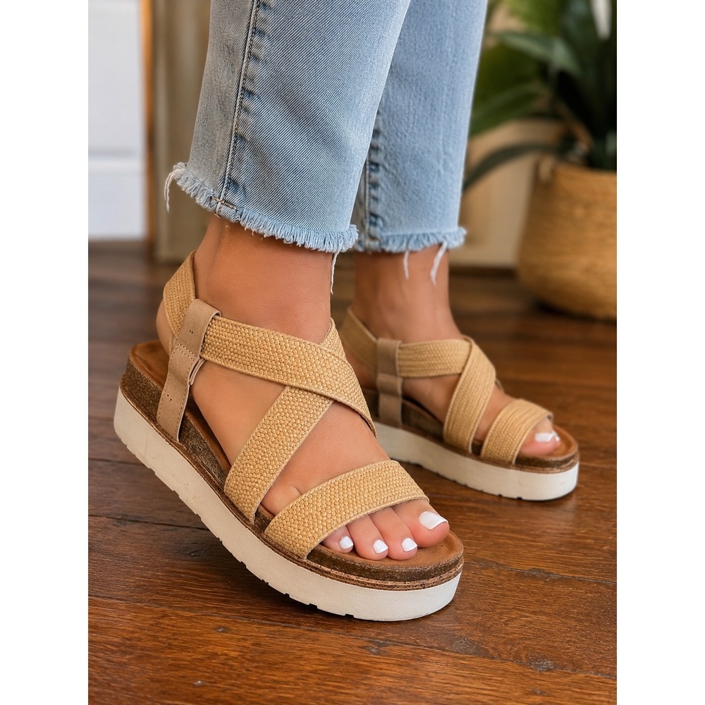 Jellypop Sycamore Tan Woven Elastic Strap Platform Sandals Womens 9M
